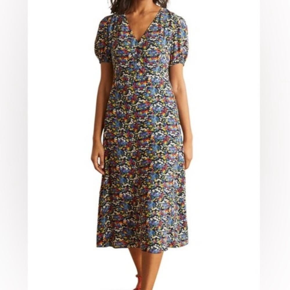 Boden Tessa Floral Midi Dress Puff Sleeve Viscose Sz 12L